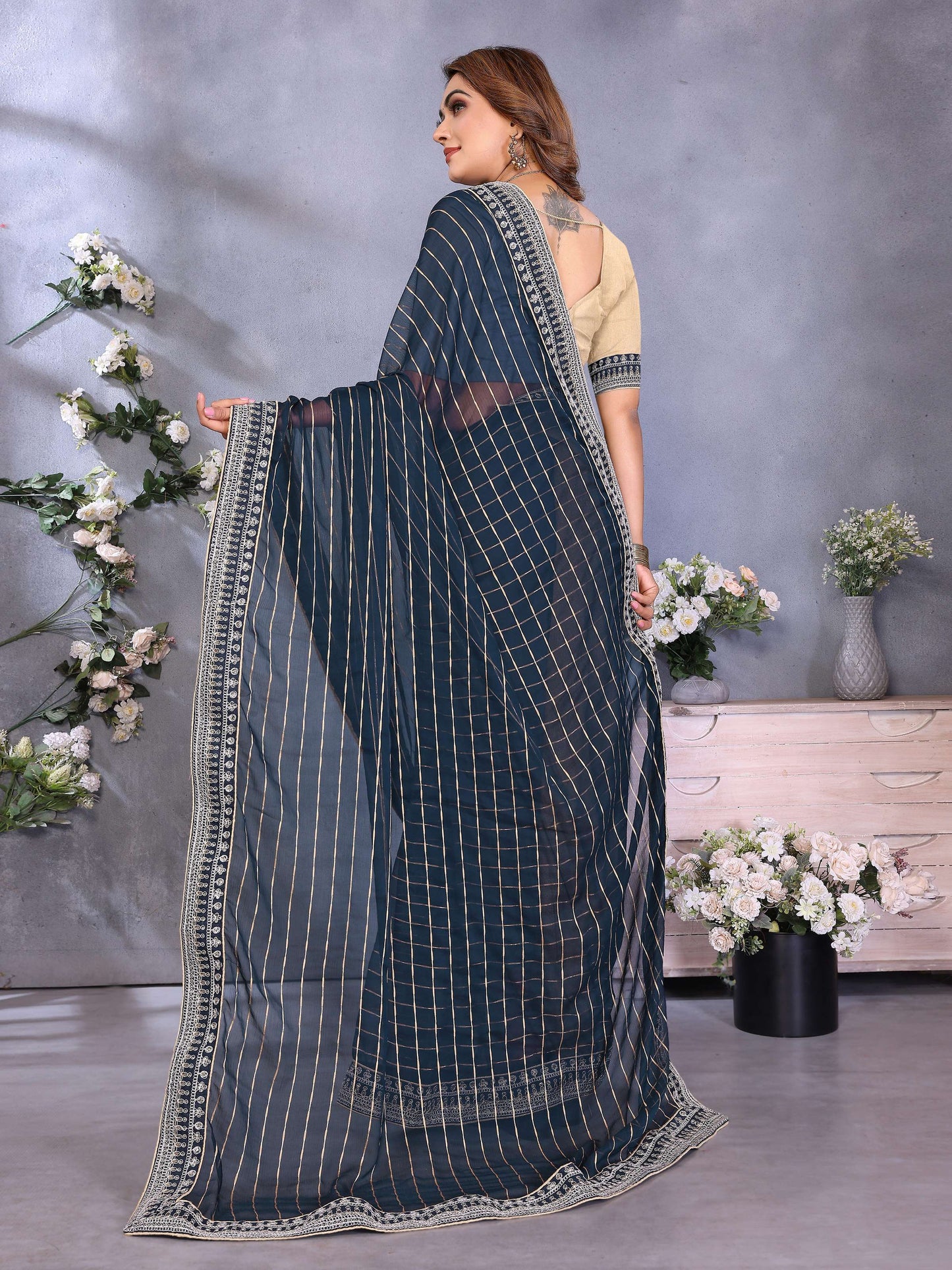 Vedant Vastram Georgette Embroidered & Sequin work Bollywood Fancy Saree - Navy Blue