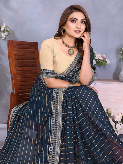 Vedant Vastram Georgette Embroidered & Sequin work Bollywood Fancy Saree - Navy Blue