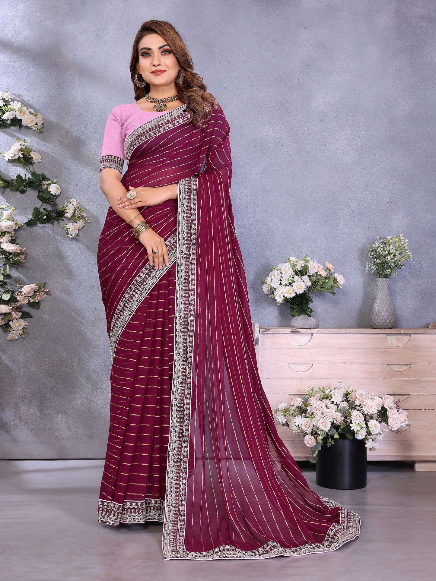 Vedant Vastram Georgette Embroidered & Sequin work Bollywood Fancy Saree - Wine