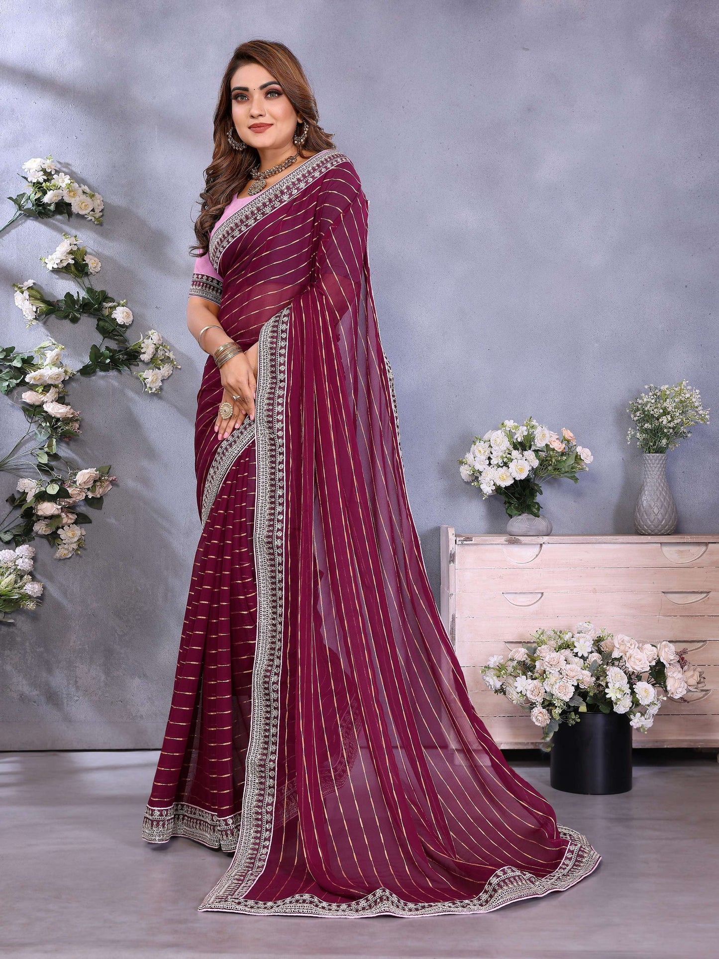 Vedant Vastram Georgette Embroidered & Sequin work Bollywood Fancy Saree - Wine