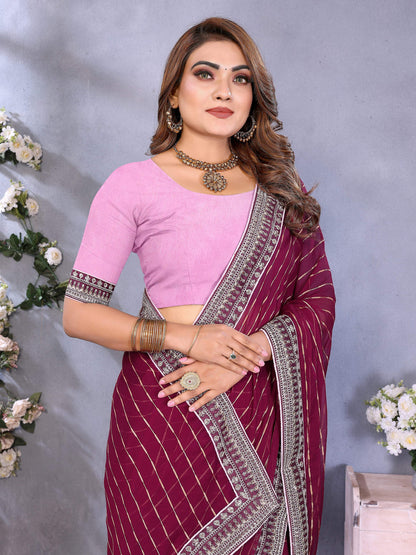 Vedant Vastram Georgette Embroidered & Sequin work Bollywood Fancy Saree - Wine