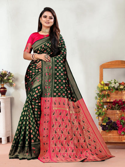 Vedant Vastram Litchi Silk Designer Banarasi Saree - Green