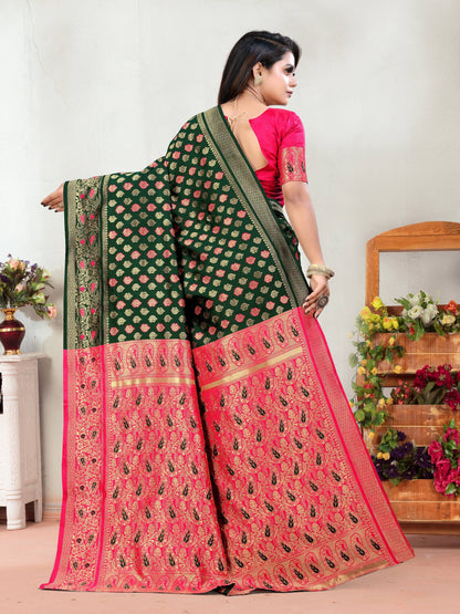 Vedant Vastram Litchi Silk Designer Banarasi Saree - Green