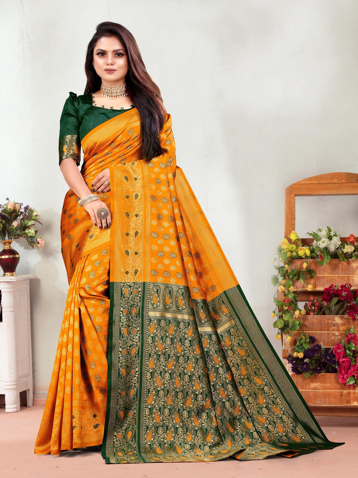 Vedant Vastram Litchi Silk Designer Banarasi Saree - Mustard