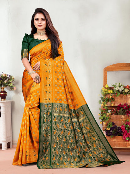 Vedant Vastram Litchi Silk Designer Banarasi Saree - Mustard