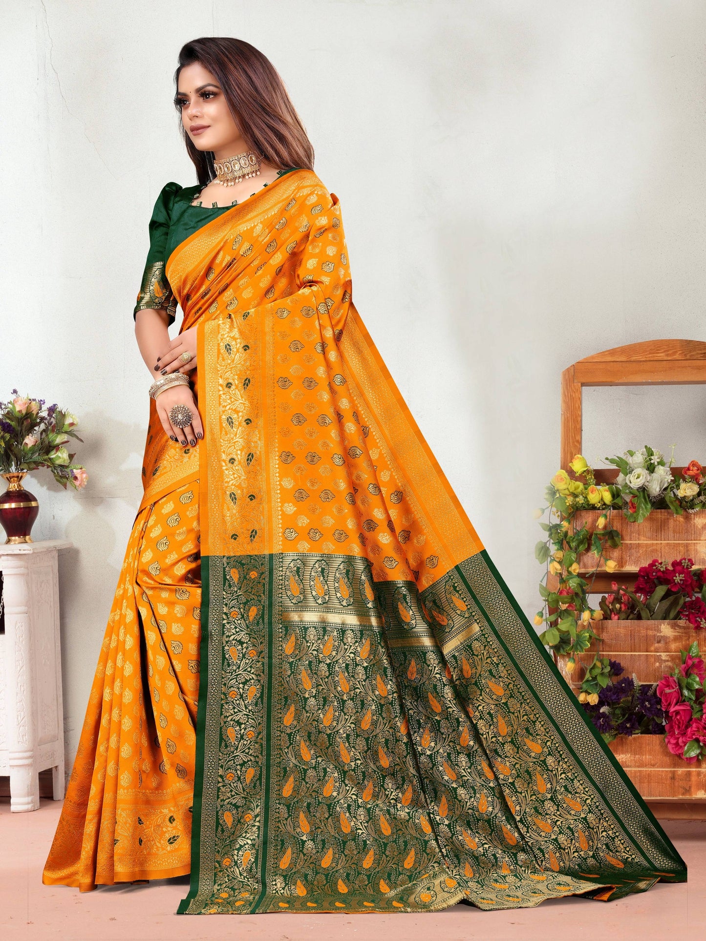 Vedant Vastram Litchi Silk Designer Banarasi Saree - Mustard