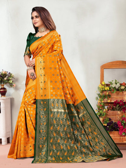 Vedant Vastram Litchi Silk Designer Banarasi Saree - Mustard
