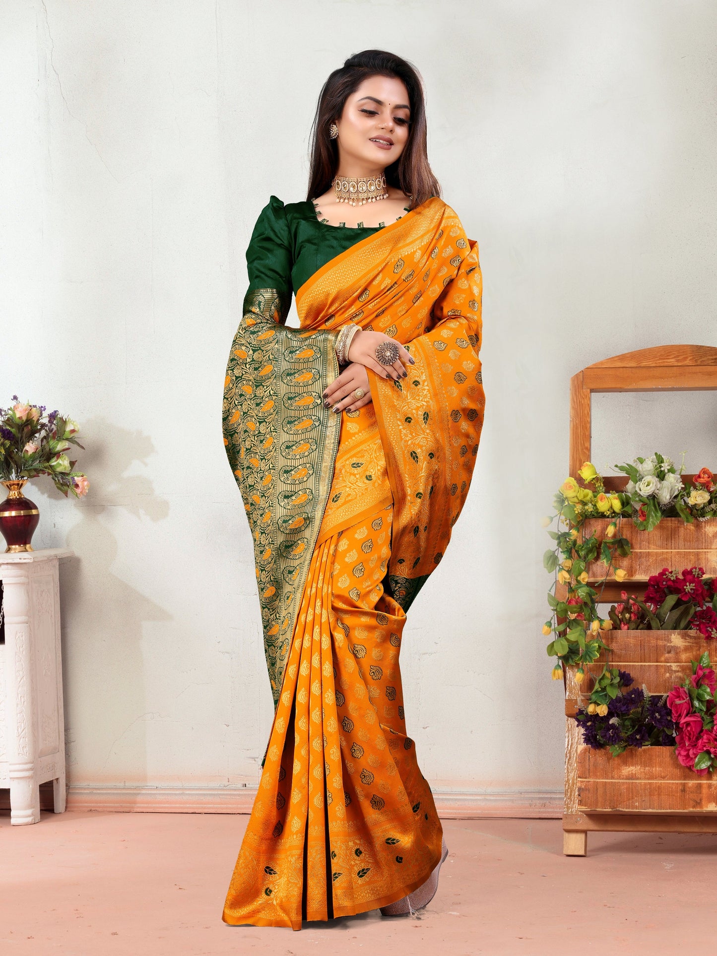 Vedant Vastram Litchi Silk Designer Banarasi Saree - Mustard
