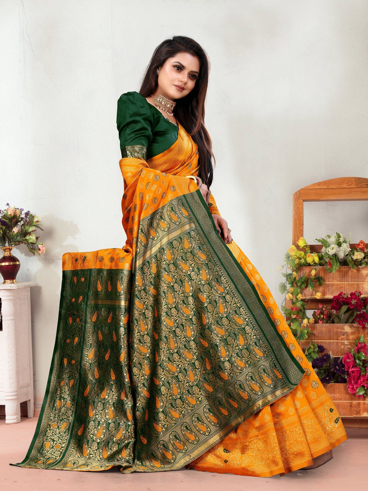 Vedant Vastram Litchi Silk Designer Banarasi Saree - Mustard