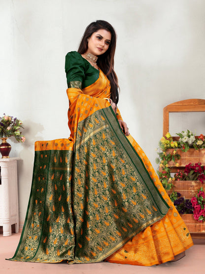 Vedant Vastram Litchi Silk Designer Banarasi Saree - Mustard