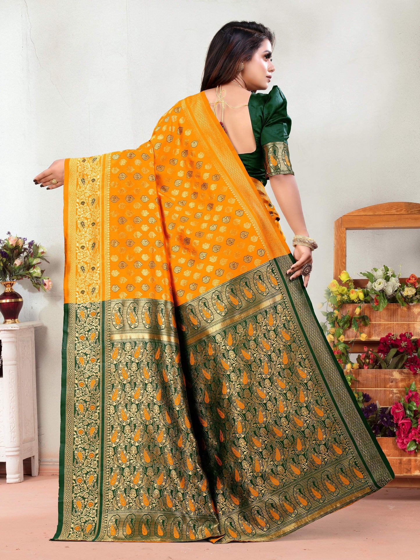 Vedant Vastram Litchi Silk Designer Banarasi Saree - Mustard