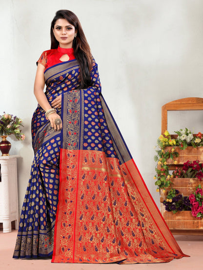 Vedant Vastram Litchi Silk Designer Banarasi Saree - Navy