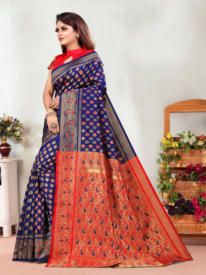 Vedant Vastram Litchi Silk Designer Banarasi Saree - Navy