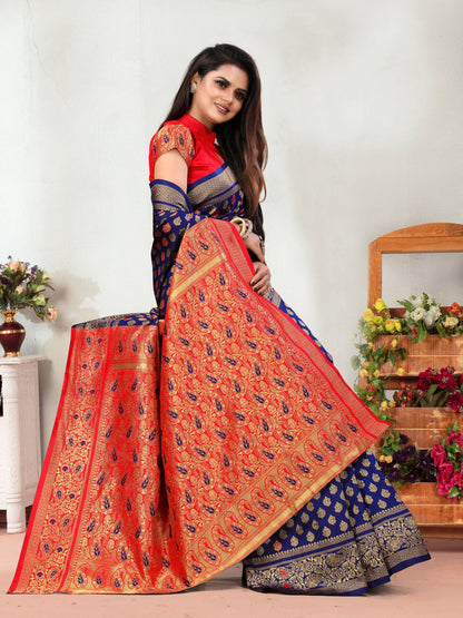 Vedant Vastram Litchi Silk Designer Banarasi Saree - Navy