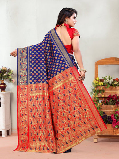 Vedant Vastram Litchi Silk Designer Banarasi Saree - Navy