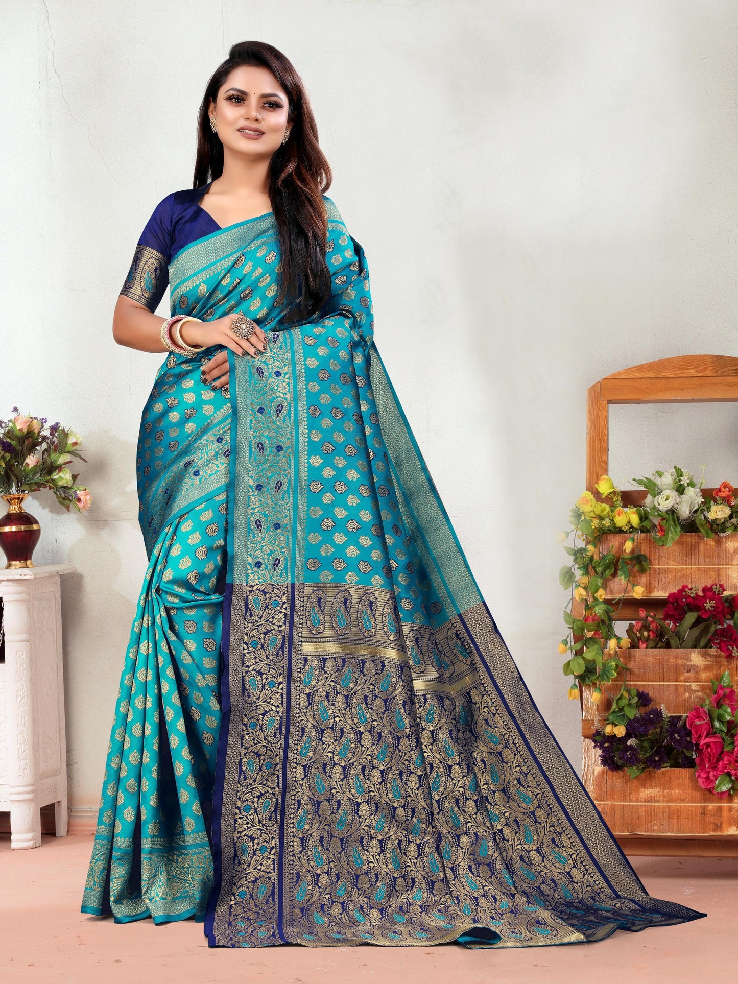 Vedant Vastram Litchi Silk Designer Banarasi Saree - Rama