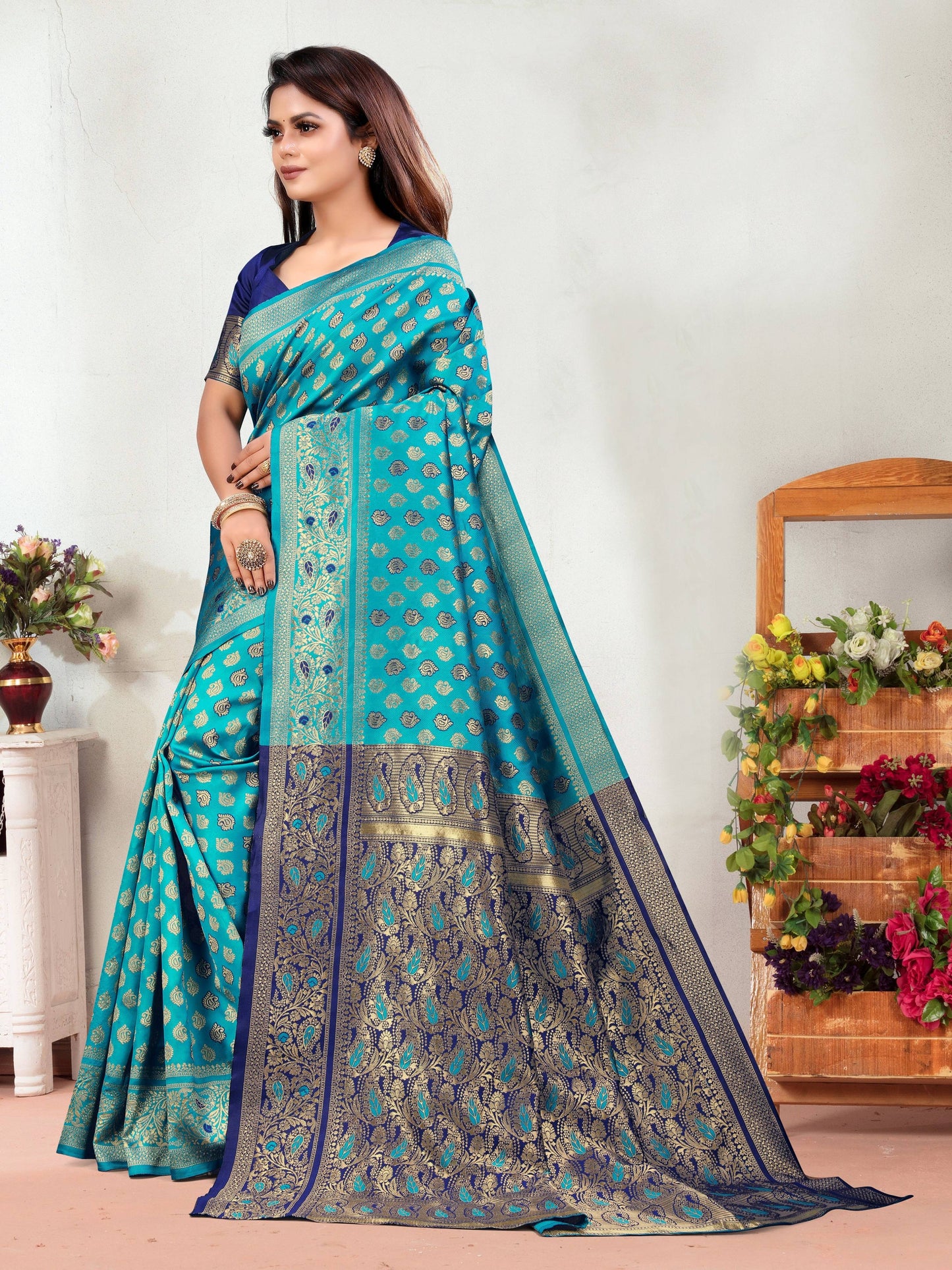 Vedant Vastram Litchi Silk Designer Banarasi Saree - Rama