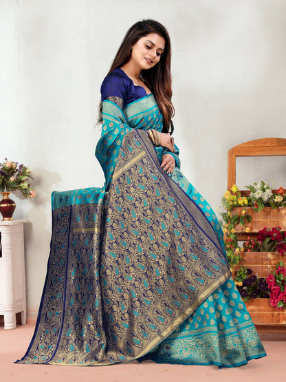 Vedant Vastram Litchi Silk Designer Banarasi Saree - Rama