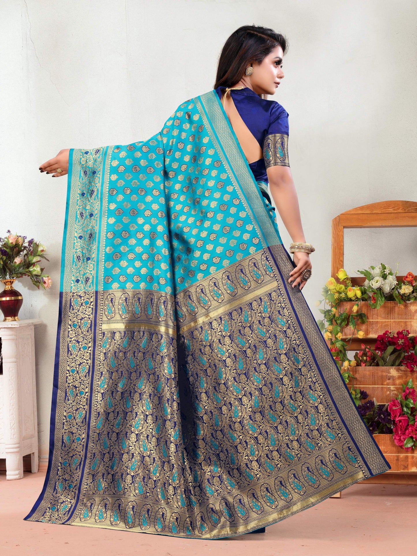 Vedant Vastram Litchi Silk Designer Banarasi Saree - Rama