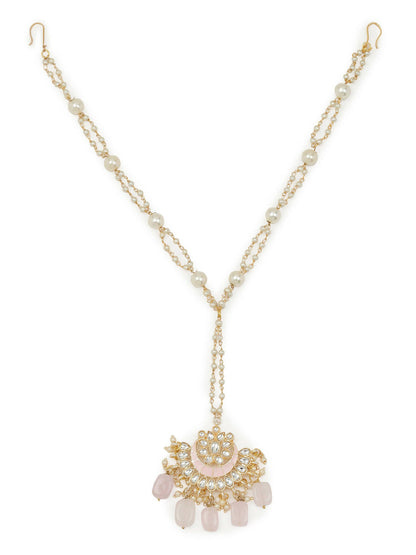 Gold-Polished White Kundan-Studded Pearl Beaded Matha Patti - Ruby Raang