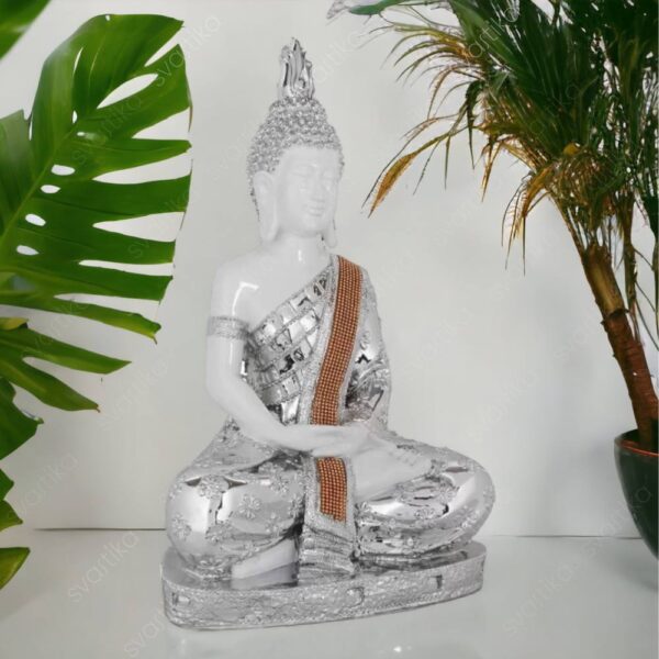 Svastika Silver & White  Meditating Buddha Statue