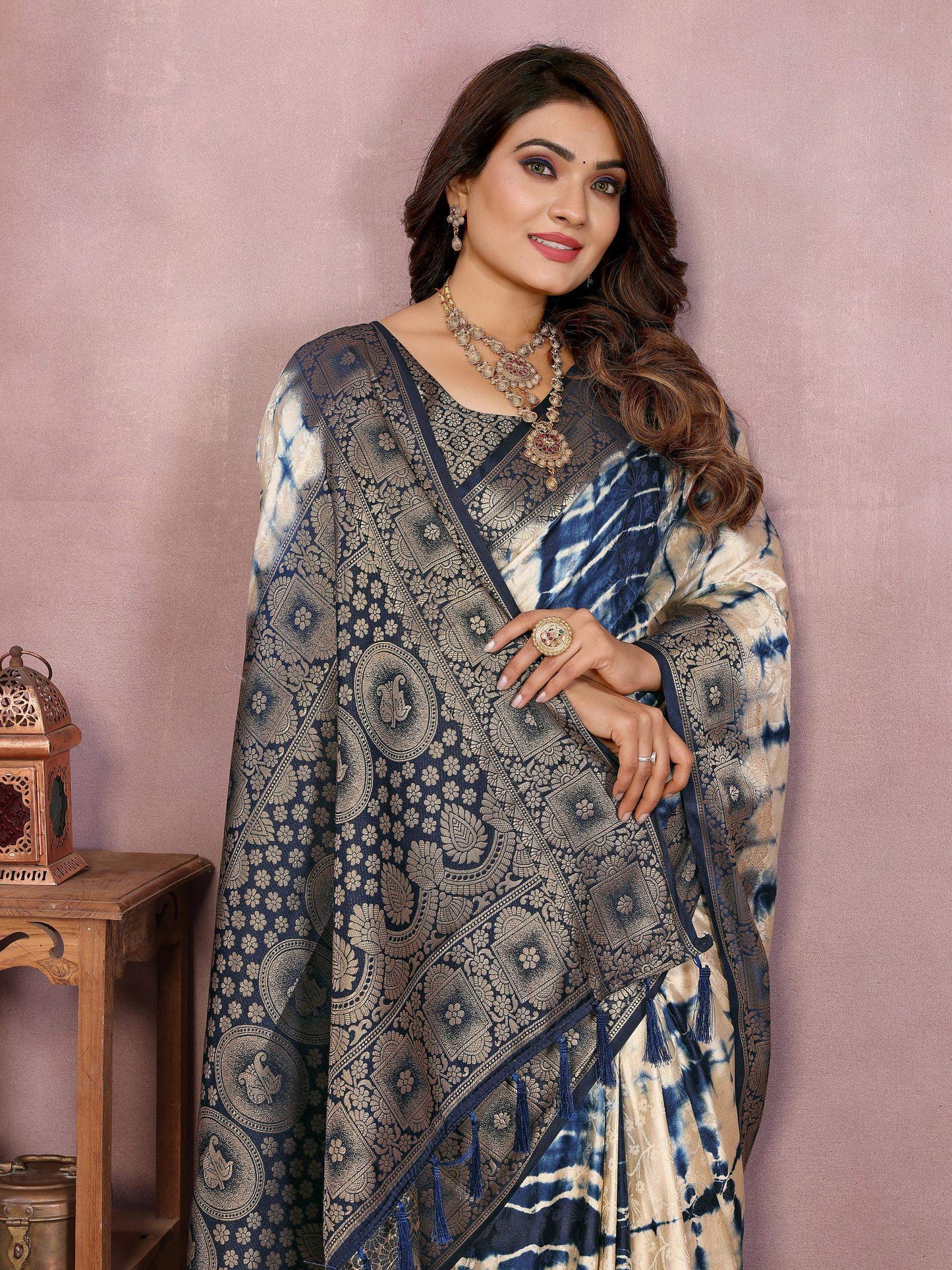 Anaita Navy Soft Satin Silk Saree With Zari Weaving Work