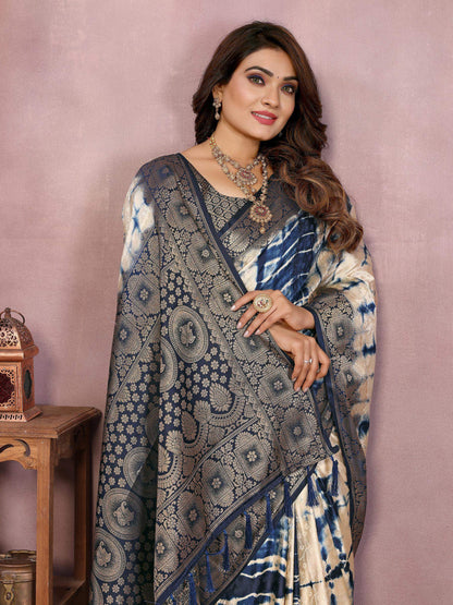 Anaita Navy Soft Satin Silk Saree With Zari Weaving Work