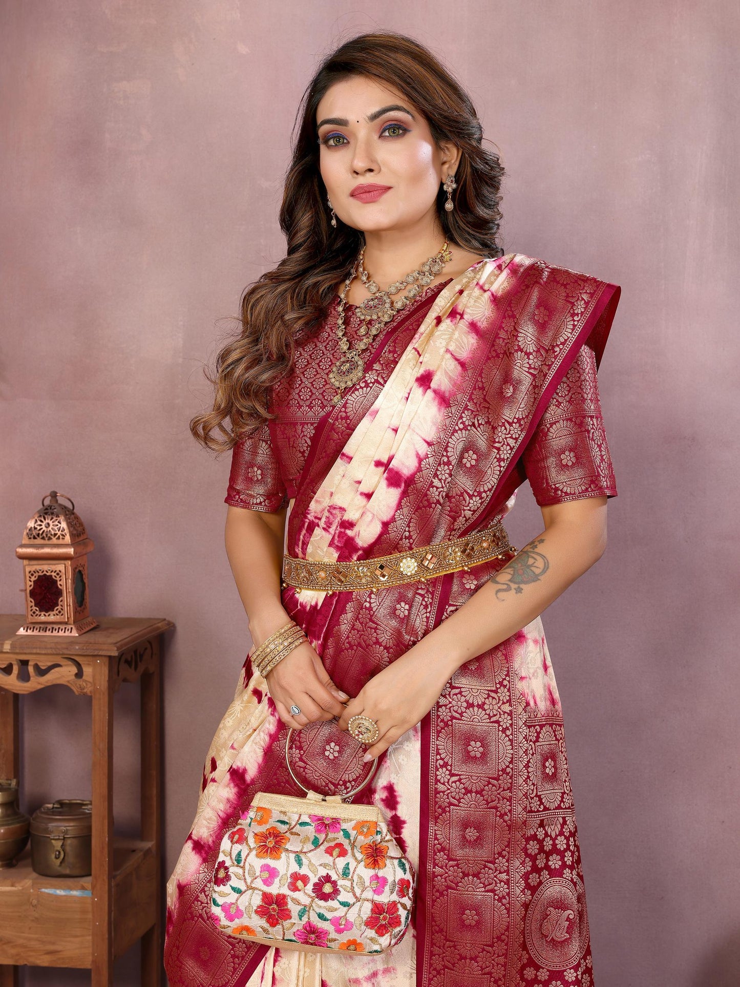 Anaita Magenta Soft Satin Silk Saree With Zari Weaving Work