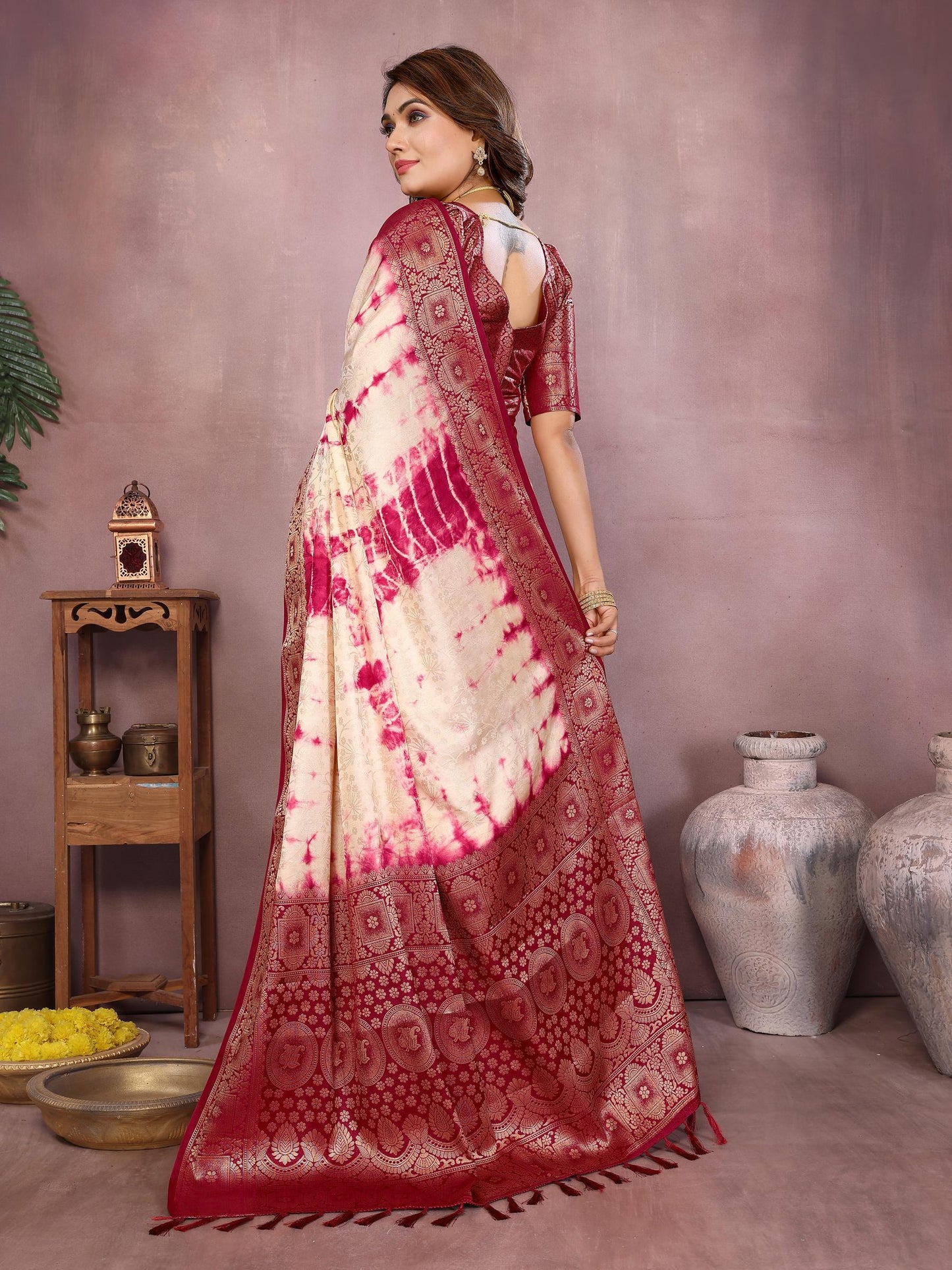 Anaita Magenta Soft Satin Silk Saree With Zari Weaving Work