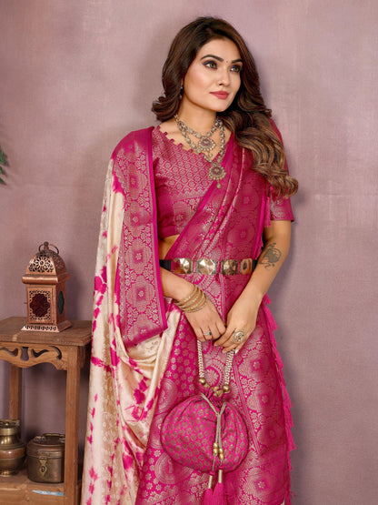 Anaita Pink Soft Satin Silk Saree With Zari Weaving Work