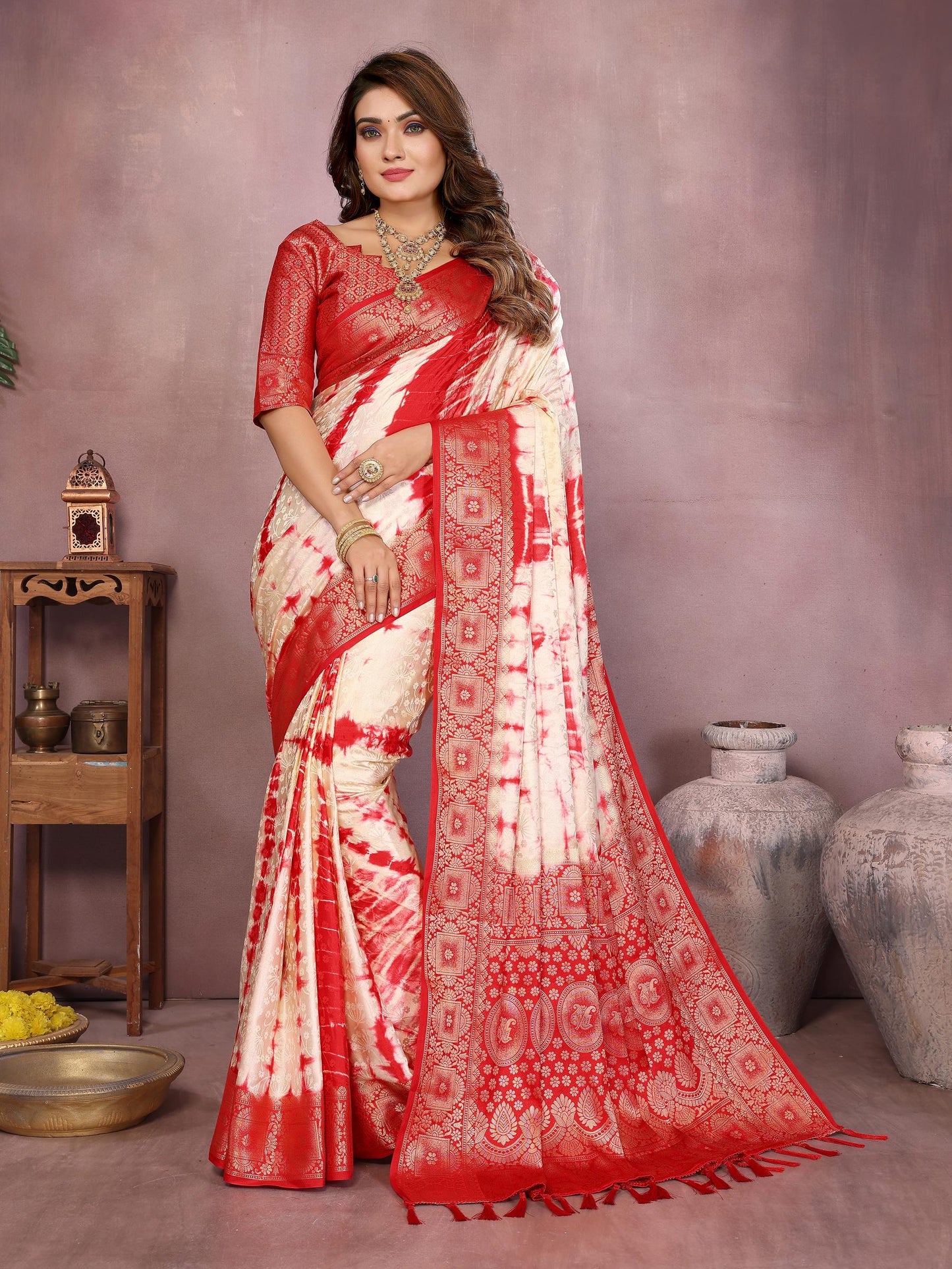 Anaita Red Soft Satin Silk Saree With Zari Weaving Work