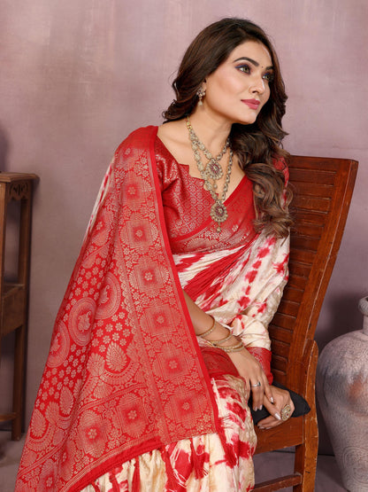 Anaita Red Soft Satin Silk Saree With Zari Weaving Work