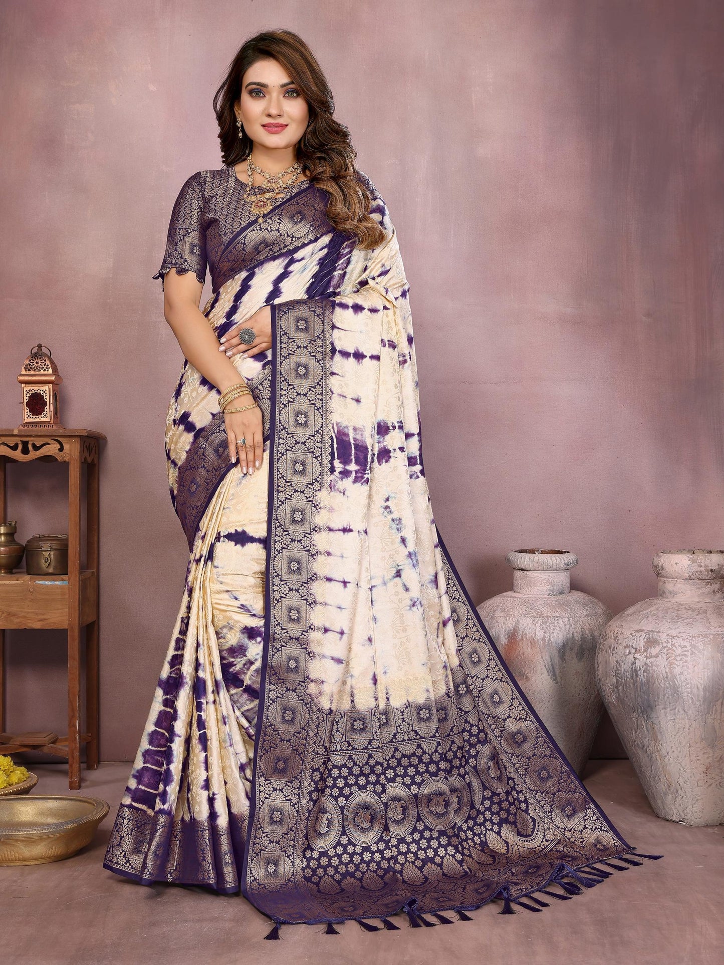 Anaita Violet Soft Satin Silk Saree With Zari Weaving Work