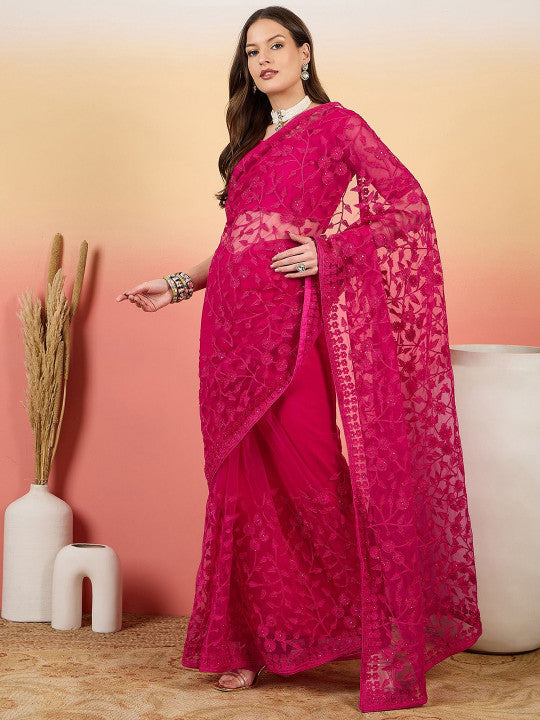 Sangria Embroidered Net Saree With Unstitched Blouse