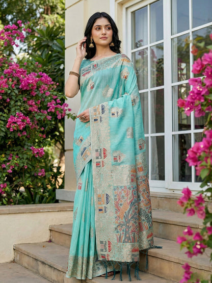 Anaita Sky Blue Linen Woven Work Saree With Blouse