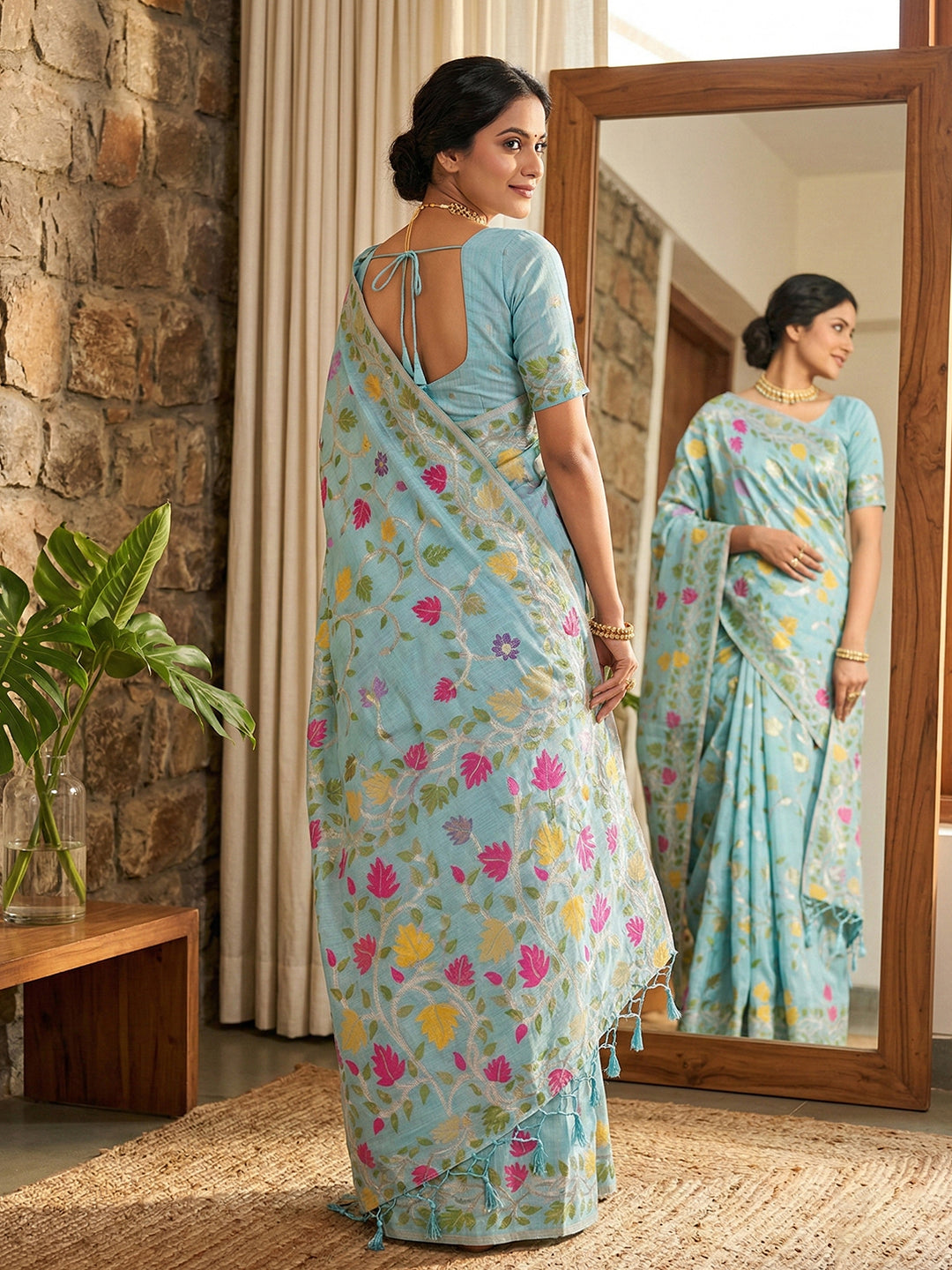Anaita Sky Blue Linen Woven Work Saree With Blouse