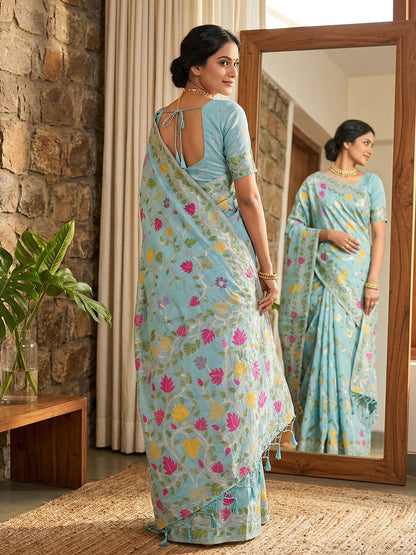 Anaita Sky Blue Linen Woven Work Saree With Blouse