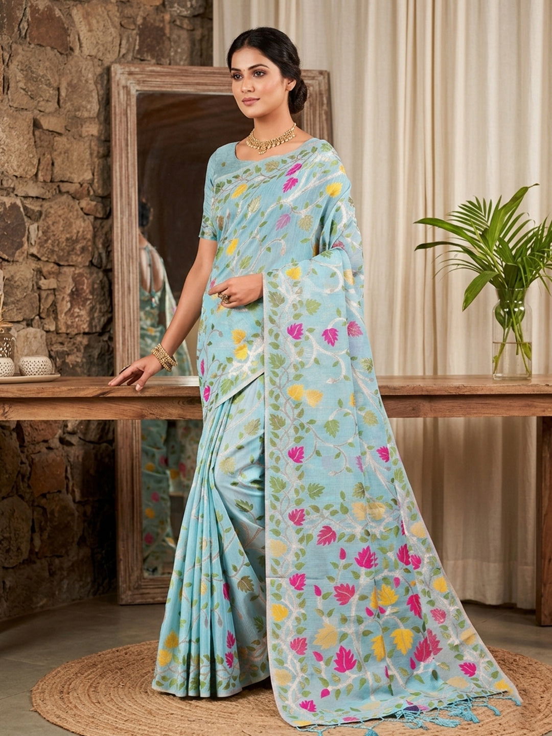 Anaita Sky Blue Linen Woven Work Saree With Blouse