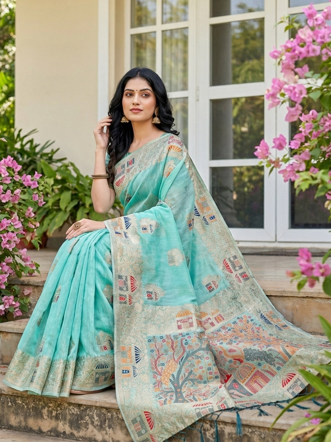 Anaita Sky Blue Linen Woven Work Saree With Blouse