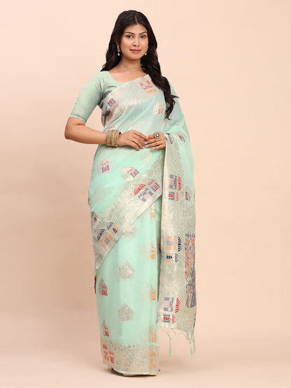 Anaita Sky Blue Linen Woven Work Saree With Blouse