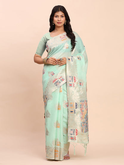 Anaita Sky Blue Linen Woven Work Saree With Blouse