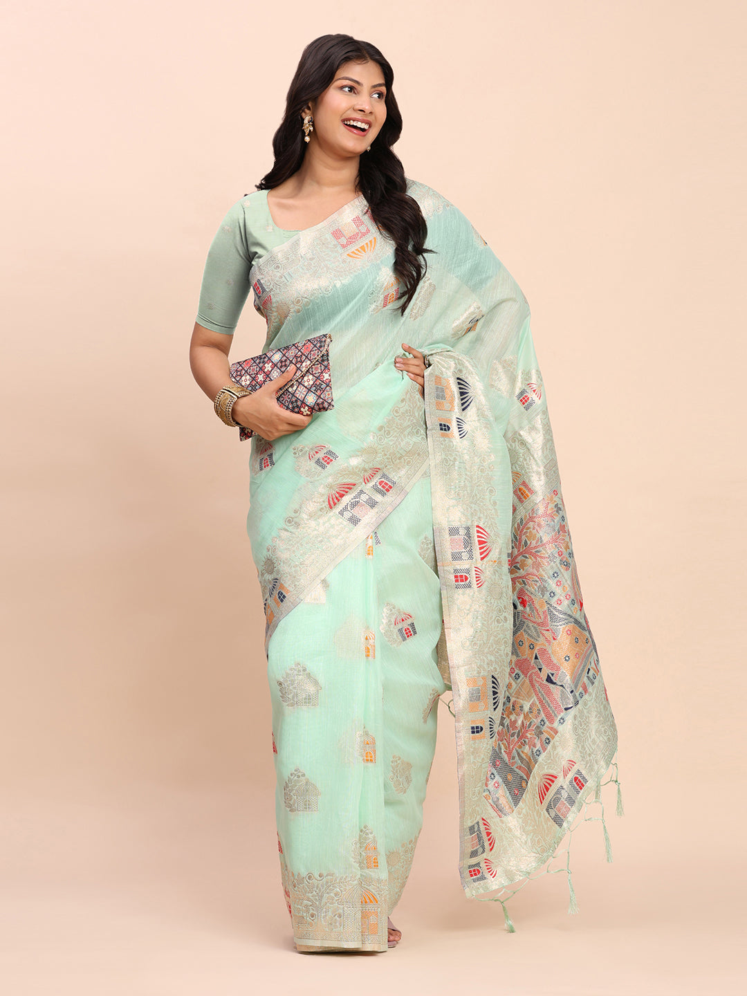 Anaita Sky Blue Linen Woven Work Saree With Blouse