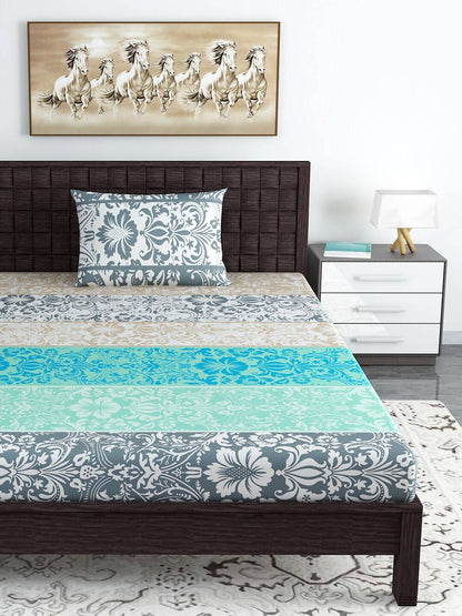 Divine Casa Blue & Grey Ethnic Motifs 120 TC Bedsheet with Pillow Covers