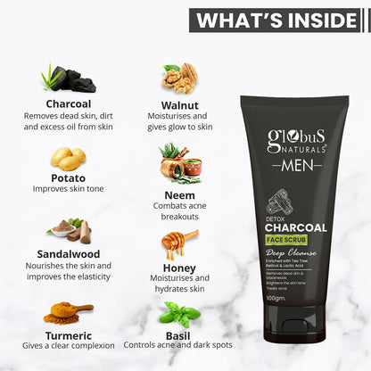 Globus Naturals Anti Pollution & Anti Acne Detox Charcoal Face Scrub for Men