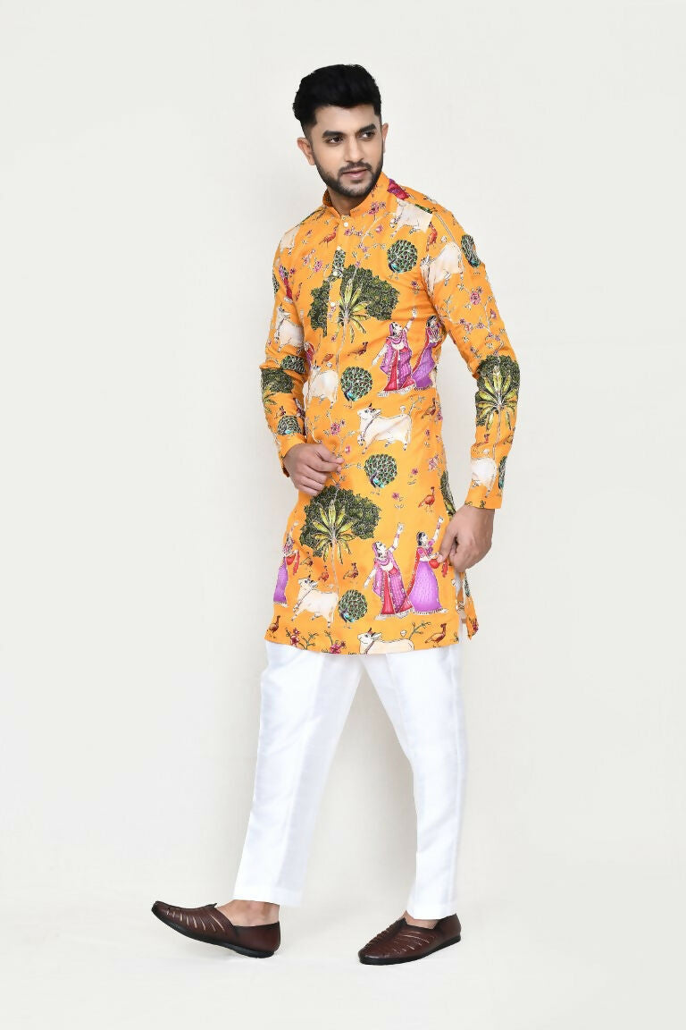 Joban Fashion White Colored Rayon Based With Modal Hand Print Work Fabric Kurta,Straight Fit Pant