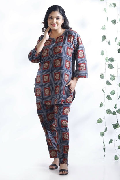 Breathables Women’S Blue Cotton Geometric Print Loungewear Co-Ord Set – Hip-Length Kurta & Pants