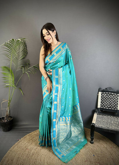 Joban Fashion Sea Green Banarasi Soft Silk Woven Saree