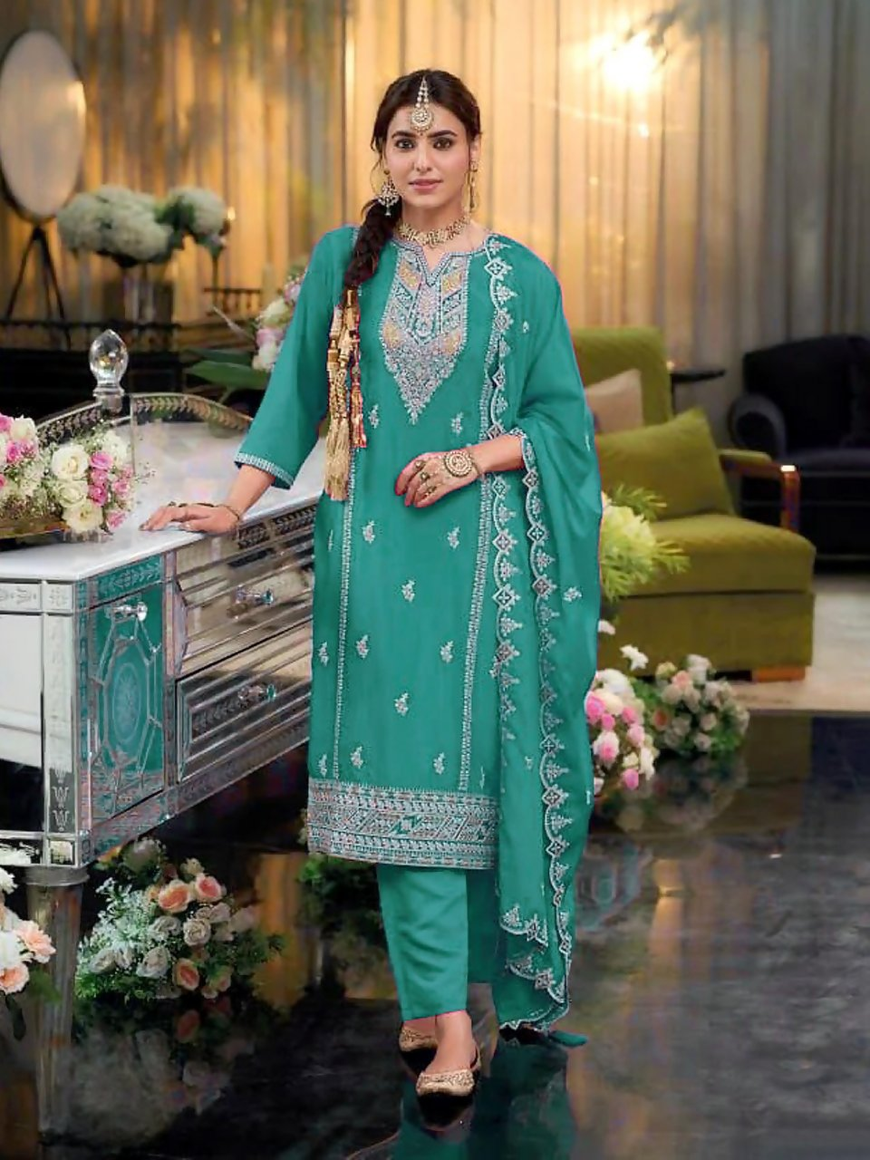 Anaita Turquoise Heavy Chinon Readymade Suit with Embroidery & Sequence Work