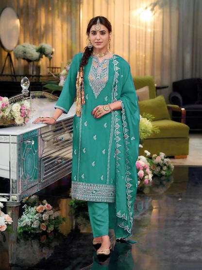 Anaita Turquoise Heavy Chinon Readymade Suit with Embroidery & Sequence Work