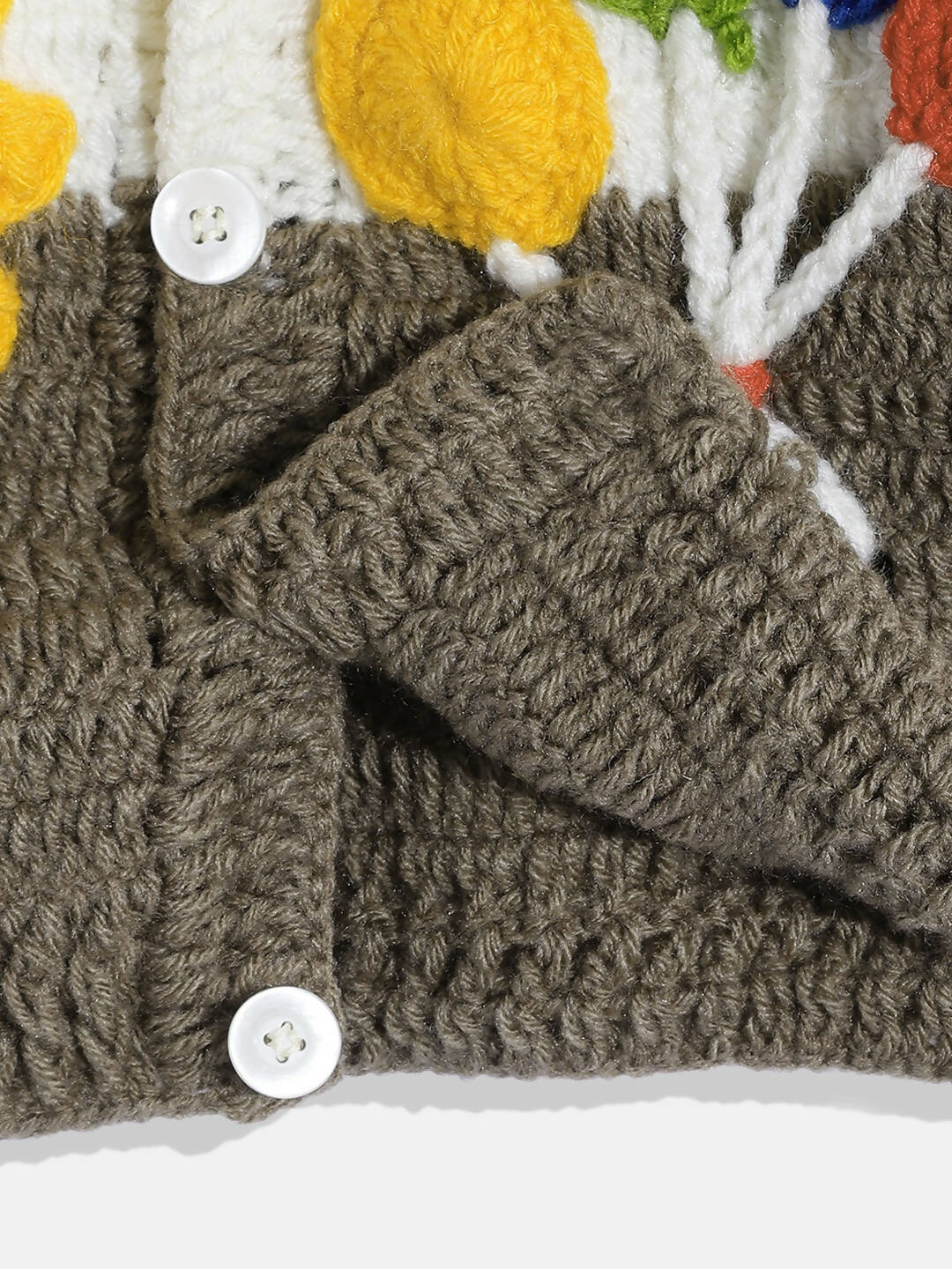Chutput Kids Woollen Hand Knitted Full Sleeves Balloon Detail Colorblocked Sweater For Baby Boys With Striped Cap - Brown